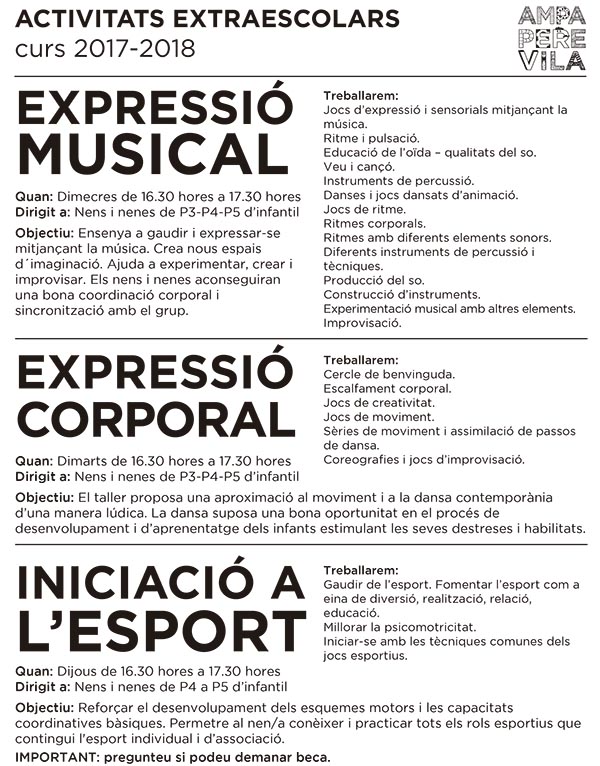 Primera plana del document on s'expliquen les extraescoloars 2017-2018 proposades per l'AMPA de l'Escola Pere Vila