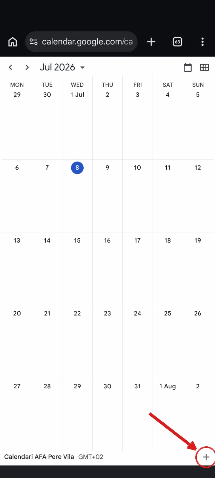 Captura d'Android: botó + per afegir el calendari