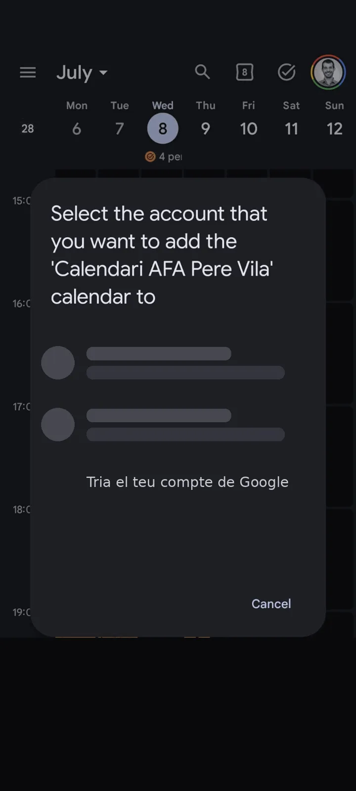 Captura d'Android: selecció del compte de Google